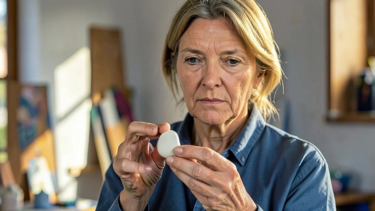 A woman in her early 50s considers two unmarked ceramic tokens in her hands inside a sunlit art studio