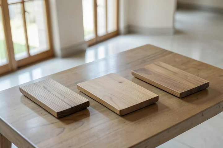 Three unmarked wooden tiles are sorted into separate shallow trays on a polished gallery foyer table