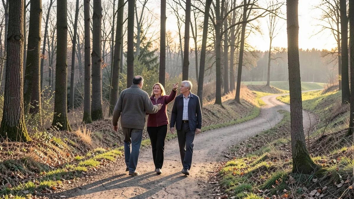 Two adults in their late 40s walk toward a fork in a quiet wooded park