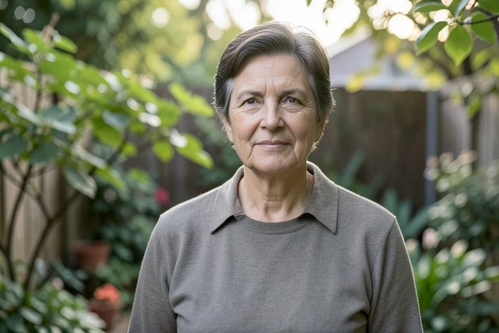 A thoughtful woman in her late 40s stands in a quiet backyard garden