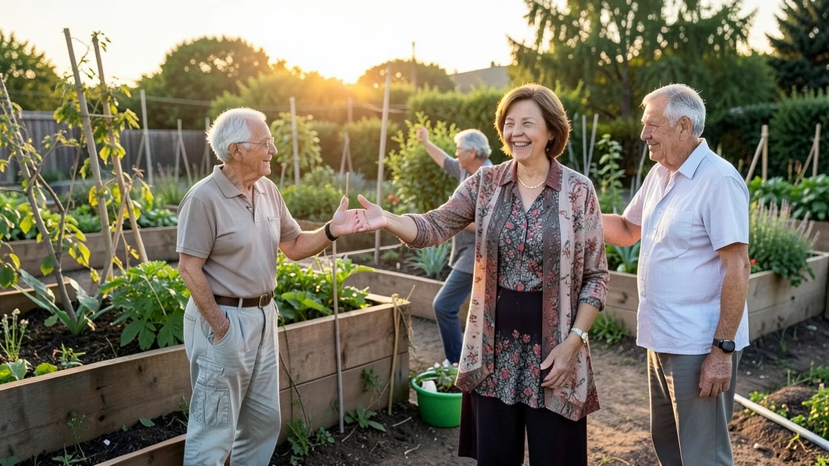 A woman in her 50s enters a community garden and accepts a welcoming wave from one older neighbor beside raised beds