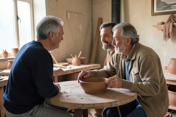 A man in his 40s joins one new acquaintance at a pottery workshop, placing a fresh clay bowl on the shared table while conversation begins naturally