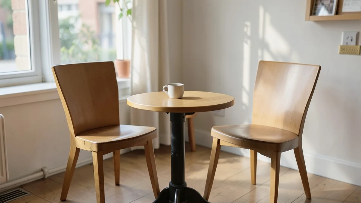 two empty cafe chairs beside a small round table with two plain ceramic cups, soft daylight and an ordinary welcoming interior