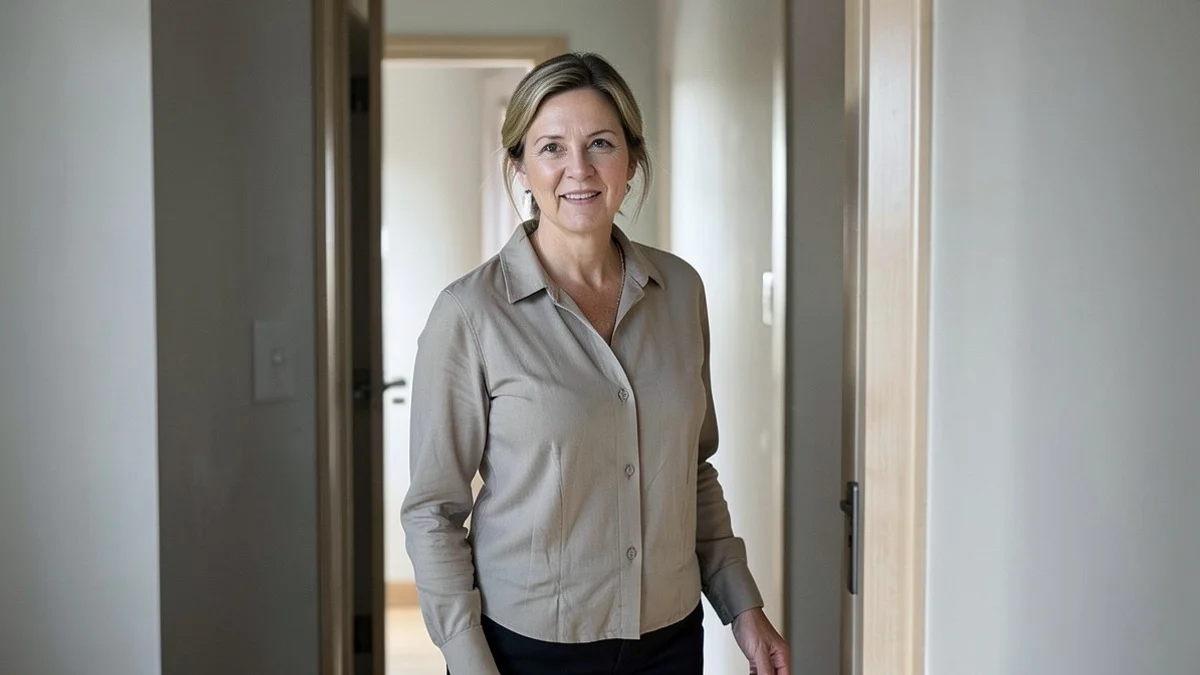 A thoughtful divorced woman in her late 40s pauses at the threshold of a quiet apartment hallway