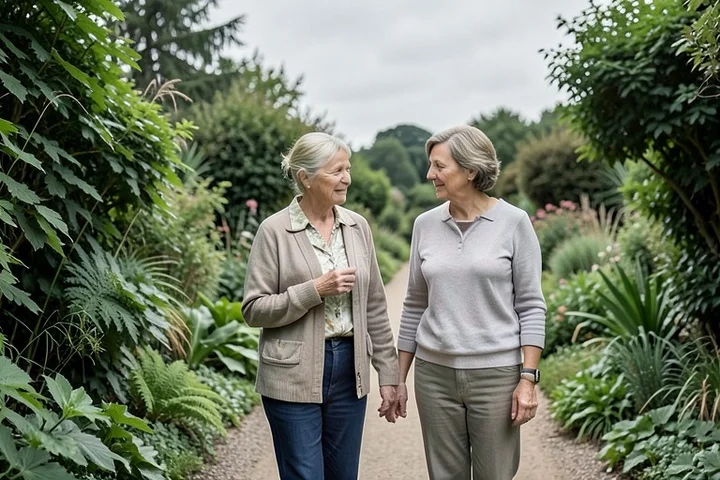 Two women in their late 40s walk slowly along a peaceful botanical garden path, one speaking while the other listens with steady attention