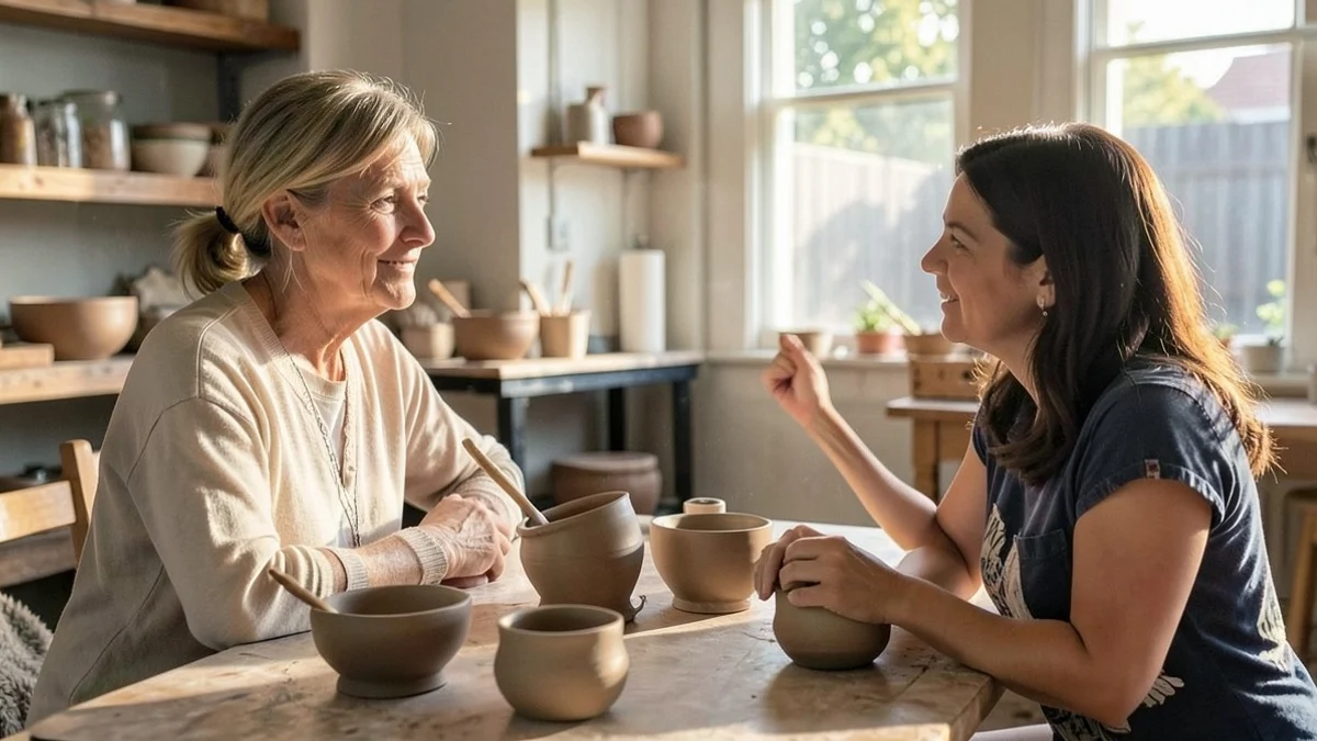A separated woman in her early 50s shares a relaxed conversation with one female friend at a neighborhood pottery workshop, listening with an open