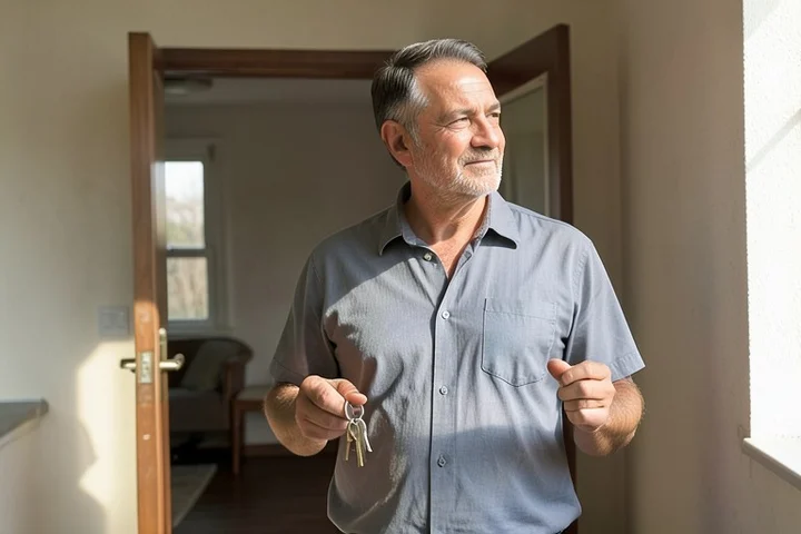 A calm man in his early 50s stands in the sunlit entryway of a modest apartment