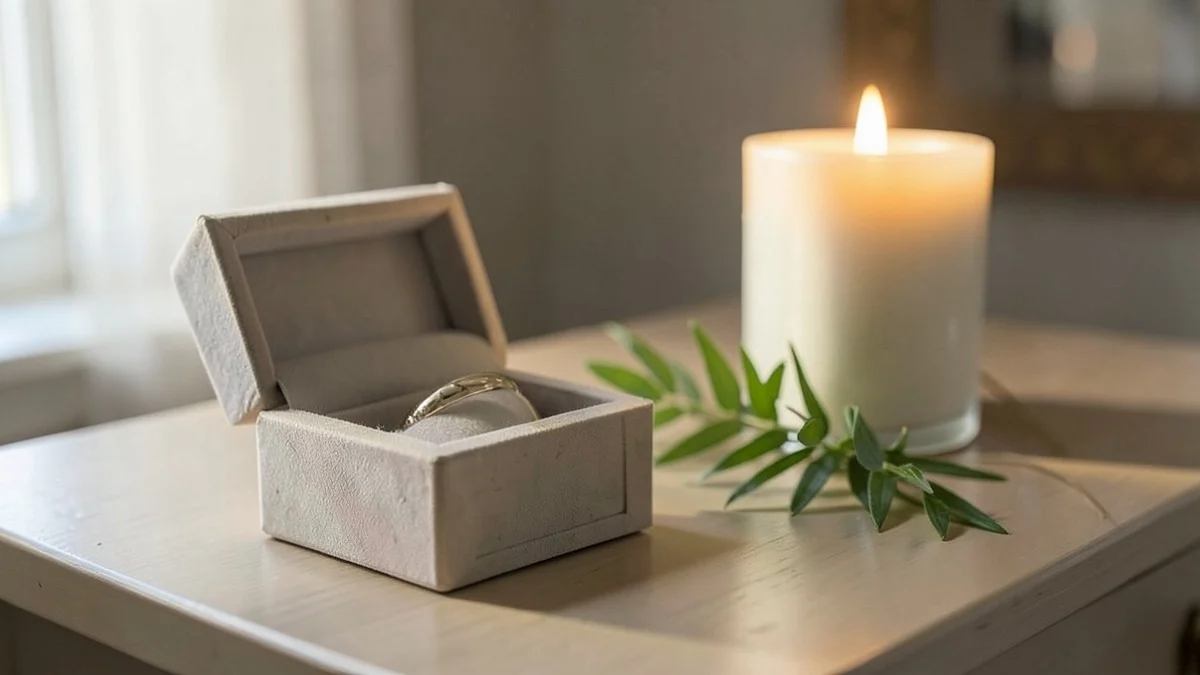 A wedding band rests in a small open keepsake box beside a fresh green sprig and an unlit candle on a quiet bedroom dresser