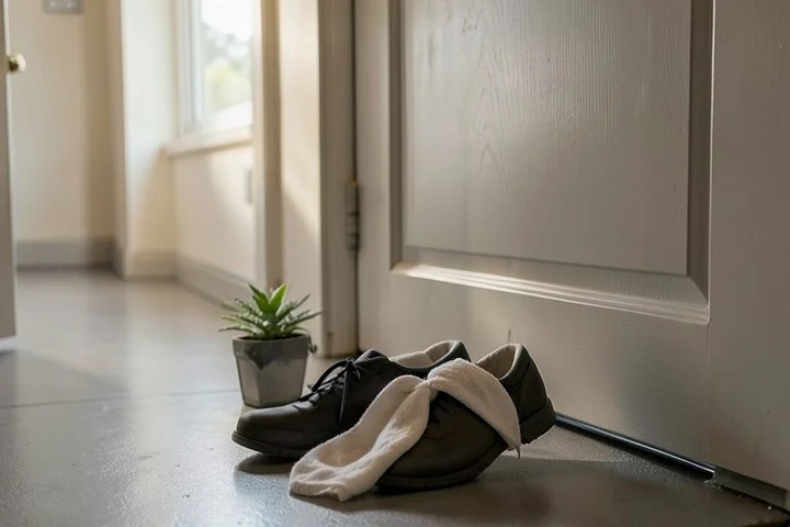 A pair of walking shoes pauses beside a closed front door, with a light scarf draped over one shoe and a small houseplant catching the light