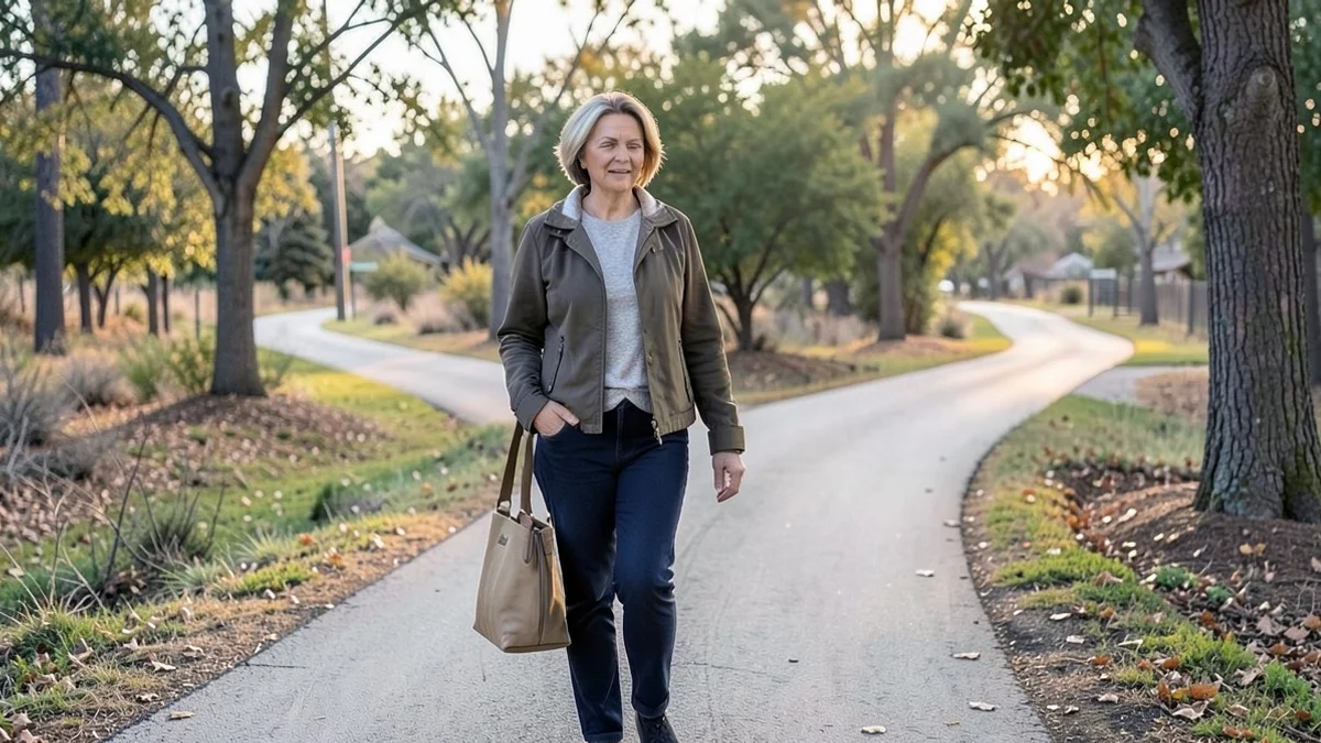 A self-assured divorced woman in her late 40s pauses at a fork in a quiet suburban nature trail