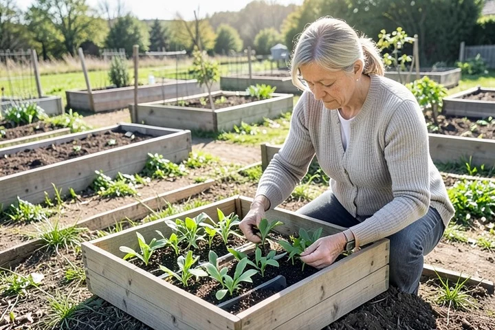 A woman in her early 50s sorts healthy seedlings into three separate wooden trays at a community allotment garden