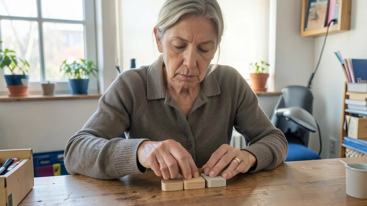 A woman in her late 40s thoughtfully arranges three unmarked wooden tokens into a row on a sunlit home studio table