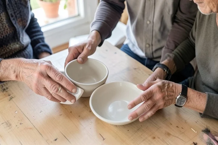 Two adults in their 40s sort three plain ceramic bowls by size on a bright community workshop table