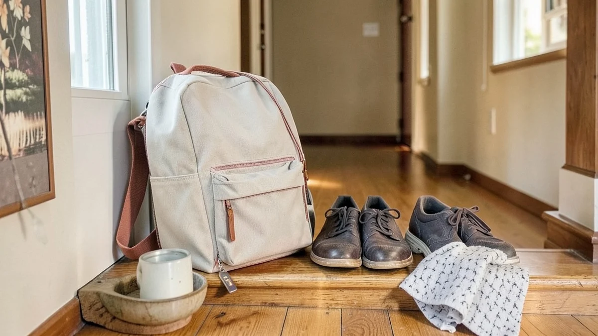 A plain canvas child’s backpack rests on a wooden entryway bench beside adult walking shoes, a small key bowl, and a folded scarf