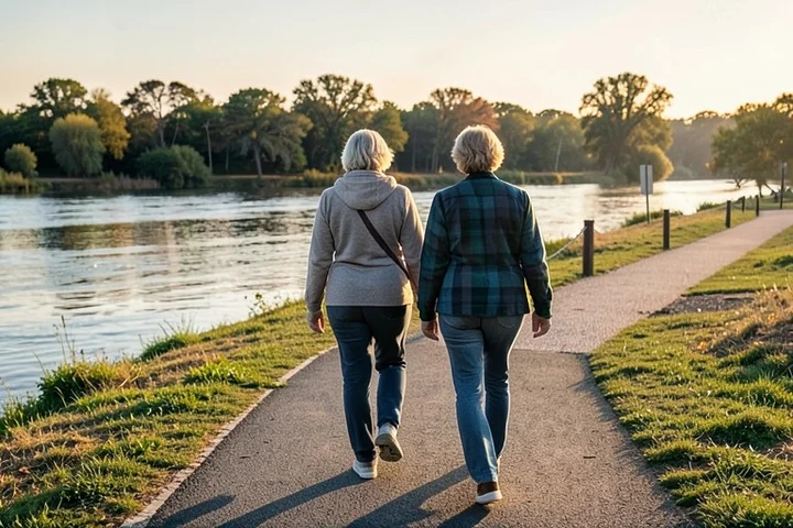 Two adults in their late 40s walk side by side along a public riverside trail, naturally turning toward a visible trailhead as a brief