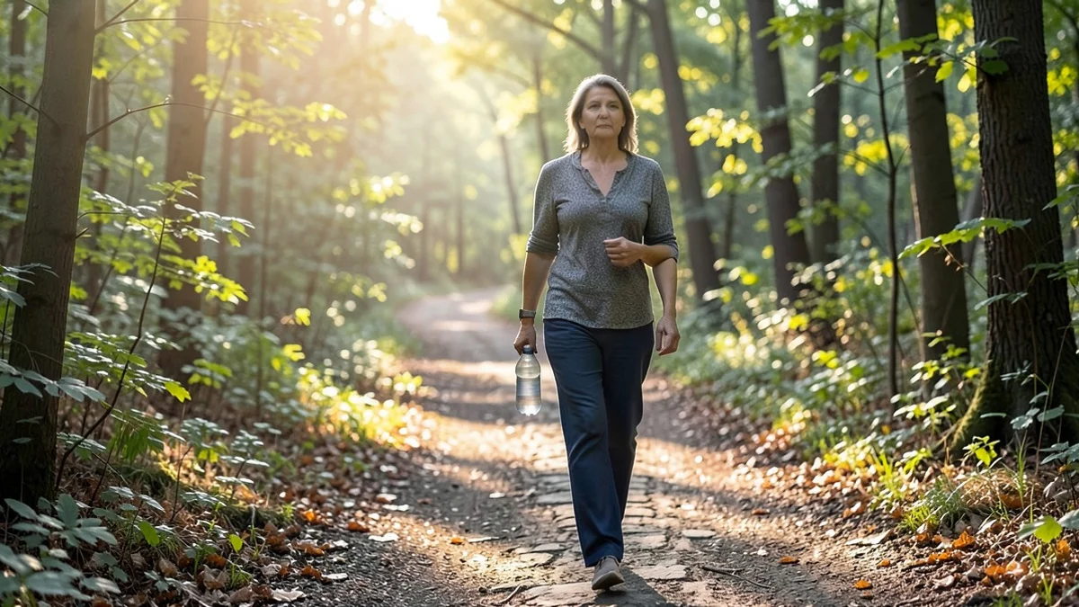 A woman in her 40s walks steadily along a wooded nature trail, shoulders relaxed and gaze forward