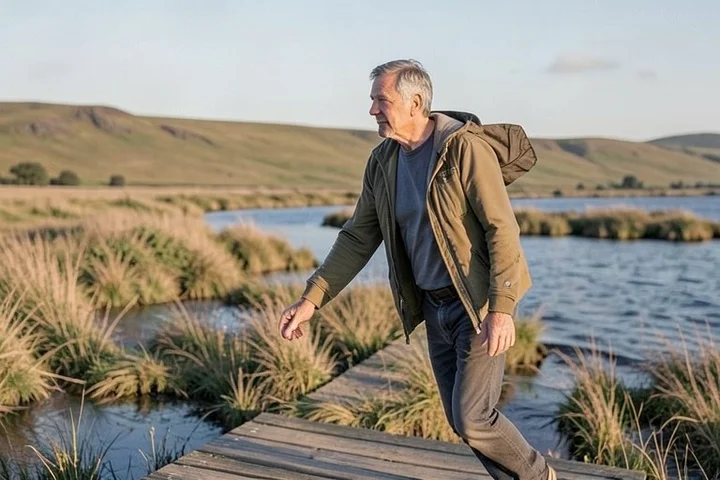 A man in his 50s steadies himself while crossing a low wooden footbridge in a quiet coastal reserve