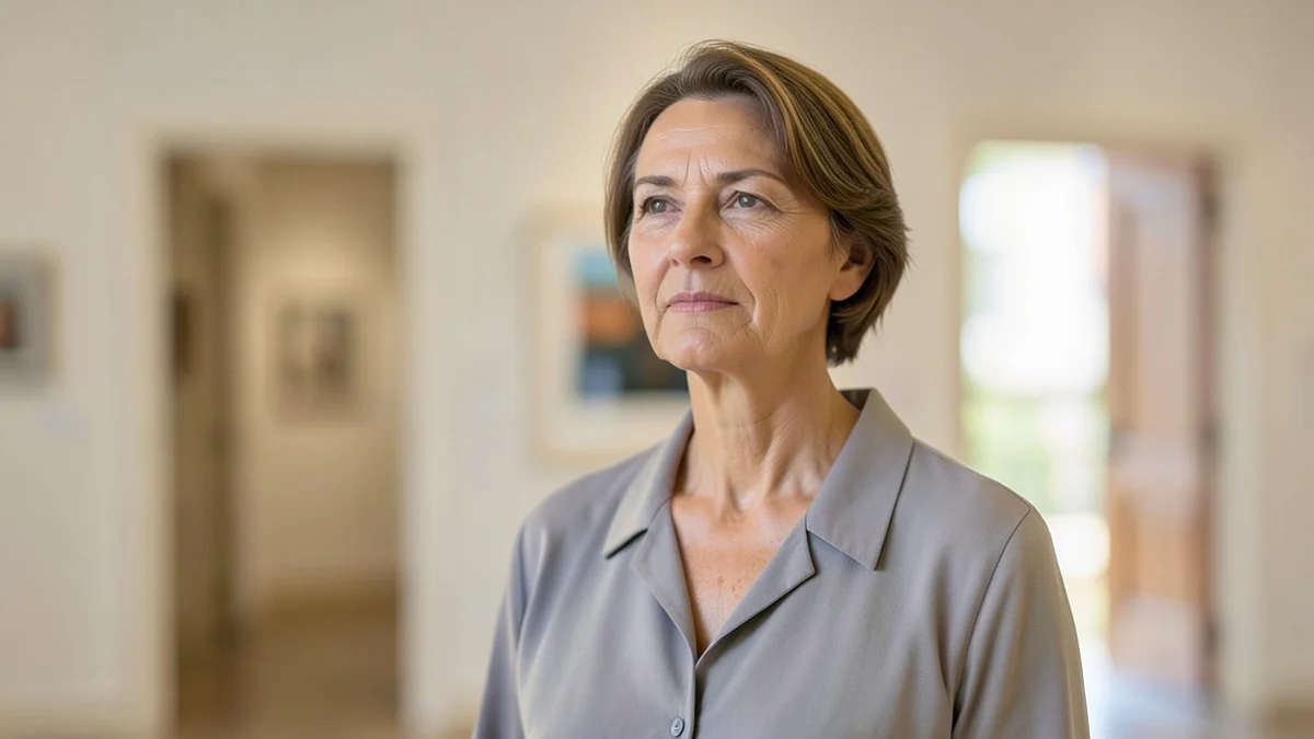 A poised woman in her late 40s stands alone in a quiet art gallery, portrayed from the shoulders up with a calm