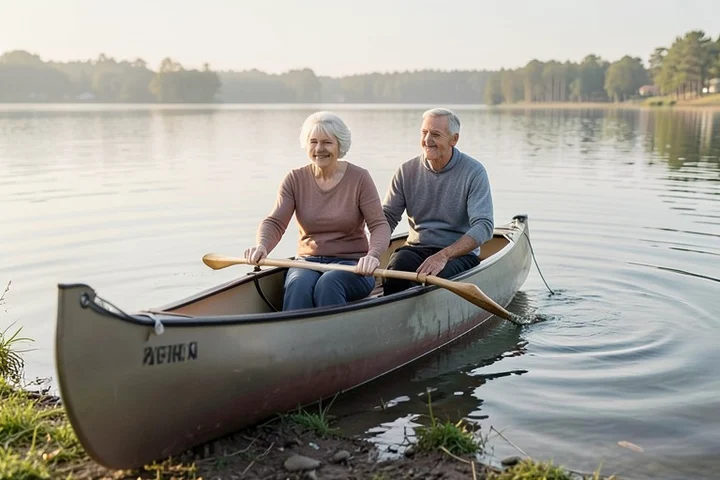 Two adults in their early 50s carry one canoe together along a peaceful lakeshore