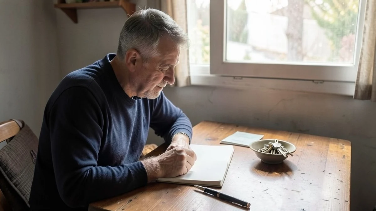 A middle-aged dater arranges a blank journal, fountain pen, and small bowl of keys on a wooden desk at home