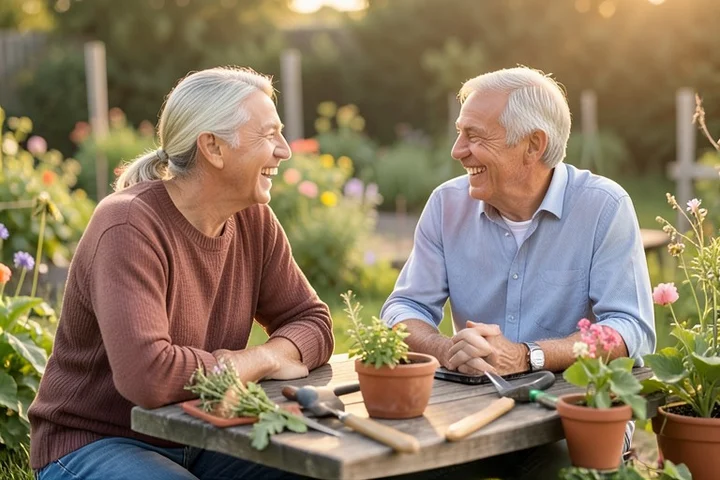 Two adults in their 40s share a relaxed laugh beside a community garden table, illustrating a genuine introduction beyond generic dating words