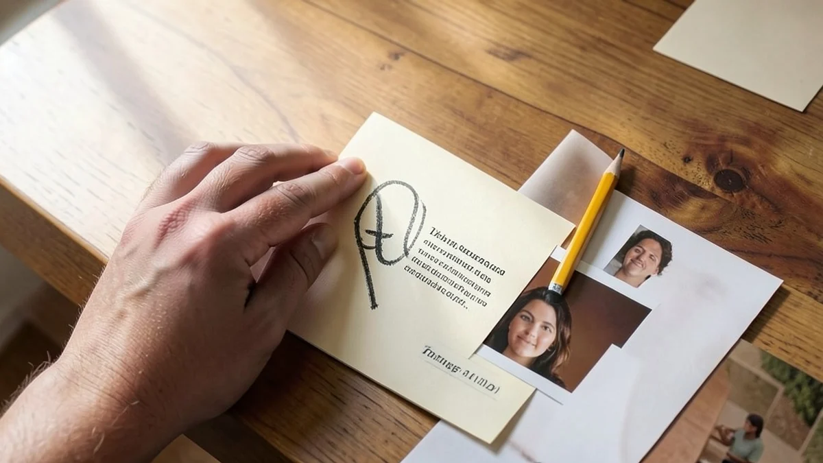 A hand replaces harsh abstract marks with simple curved strokes on an unmarked cream card beside a blunt pencil and a face-down photo print