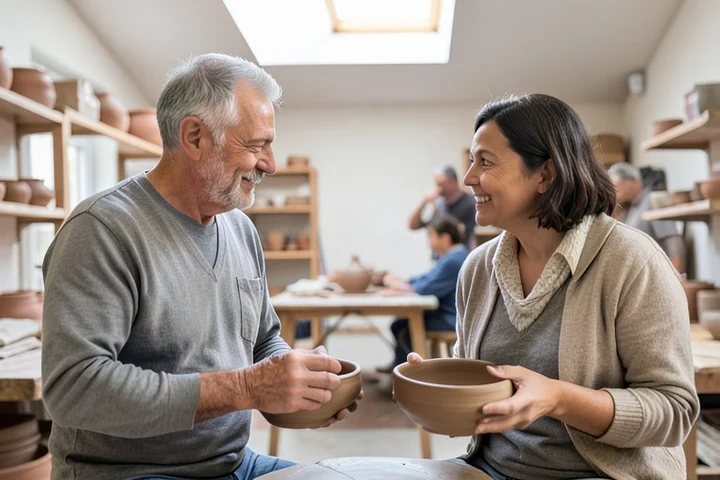 A man and woman in their 40s and 50s compare freshly shaped clay bowls during a relaxed conversation in a neighborhood pottery studio