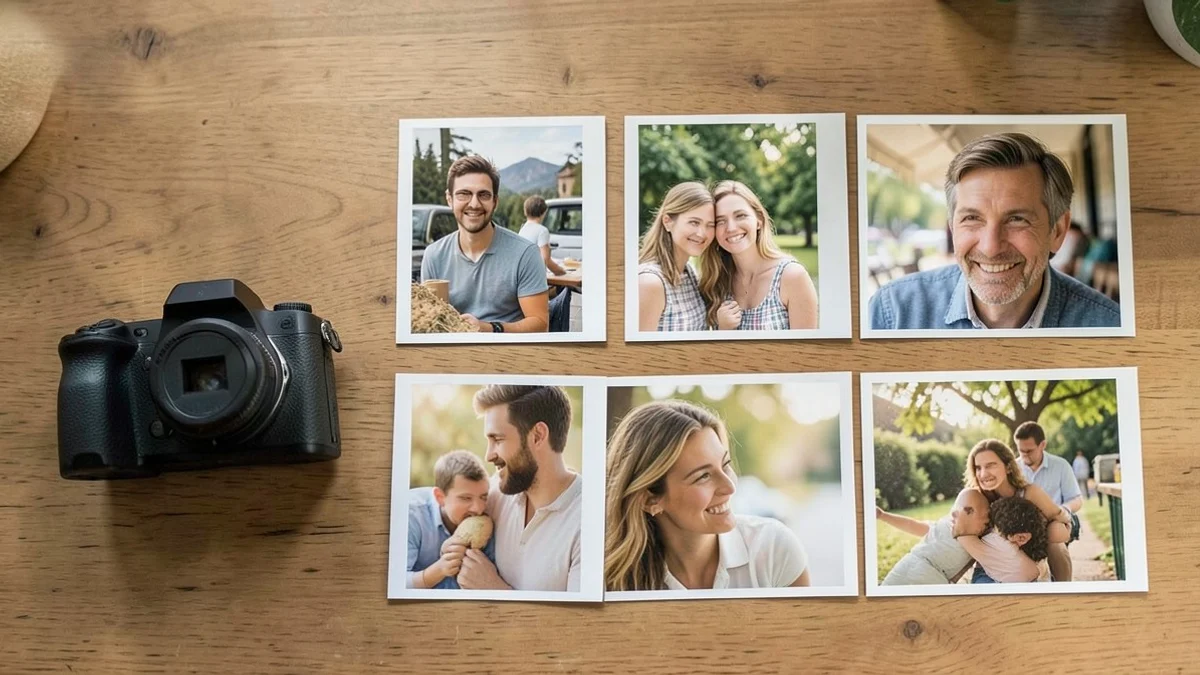 A mirrorless camera sits beside six unmarked matte photographs showing a clear current solo portrait, an everyday hobby, an outdoor moment