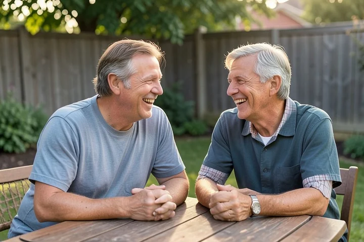 Two friends over 40 share a relaxed laugh at a backyard table, showing natural expressions, recognizable everyday clothing