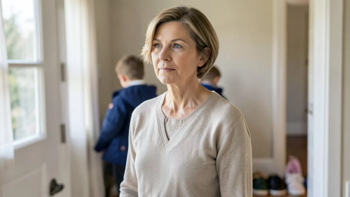 A thoughtful woman in her late 40s pauses in a warmly lit family entryway