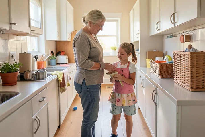 A mother in her late 40s and her teenage daughter organize school, work, and household items in a bright kitchen hallway