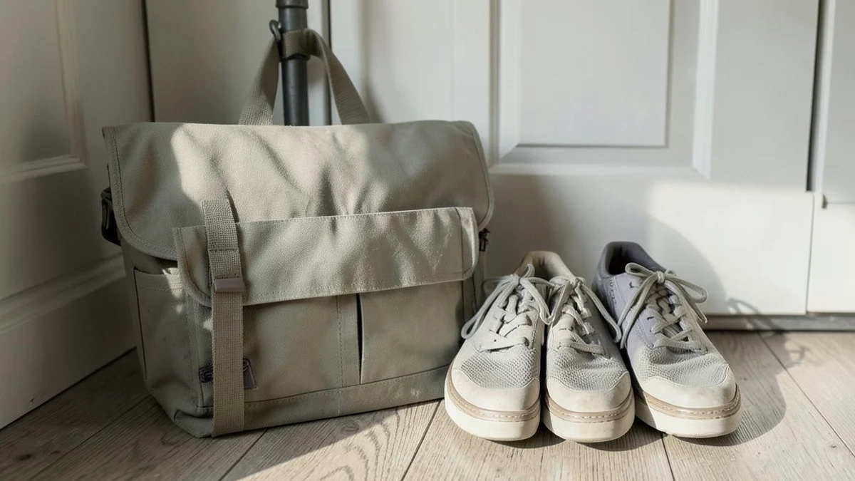 A neatly packed work satchel rests beside walking shoes and a simple meal container in a tidy home entryway