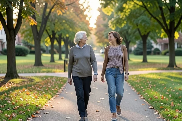 Two adults in their 40s walk together through a leafy neighborhood park during a brief, relaxed meeting