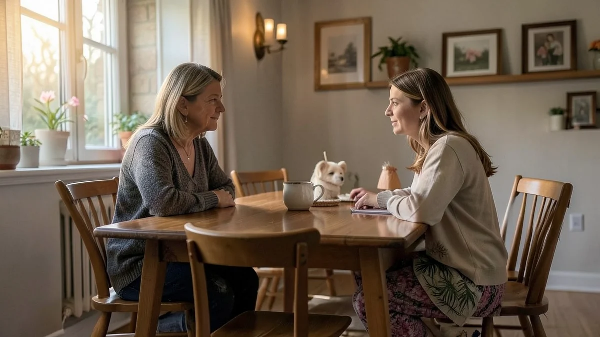 A middle-aged mother listens calmly to her adult daughter across a dining table in a warm family dining room