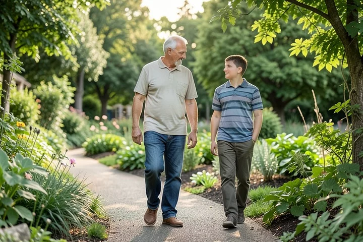 A middle-aged father and his adult son walk side by side through a quiet community garden