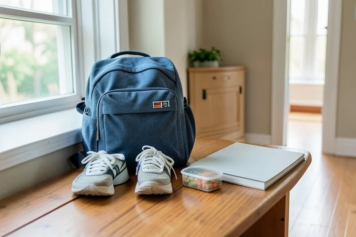 A school backpack, worn athletic shoes, a sealed lunch container, and a closed plain notebook are arranged neatly on a hallway bench