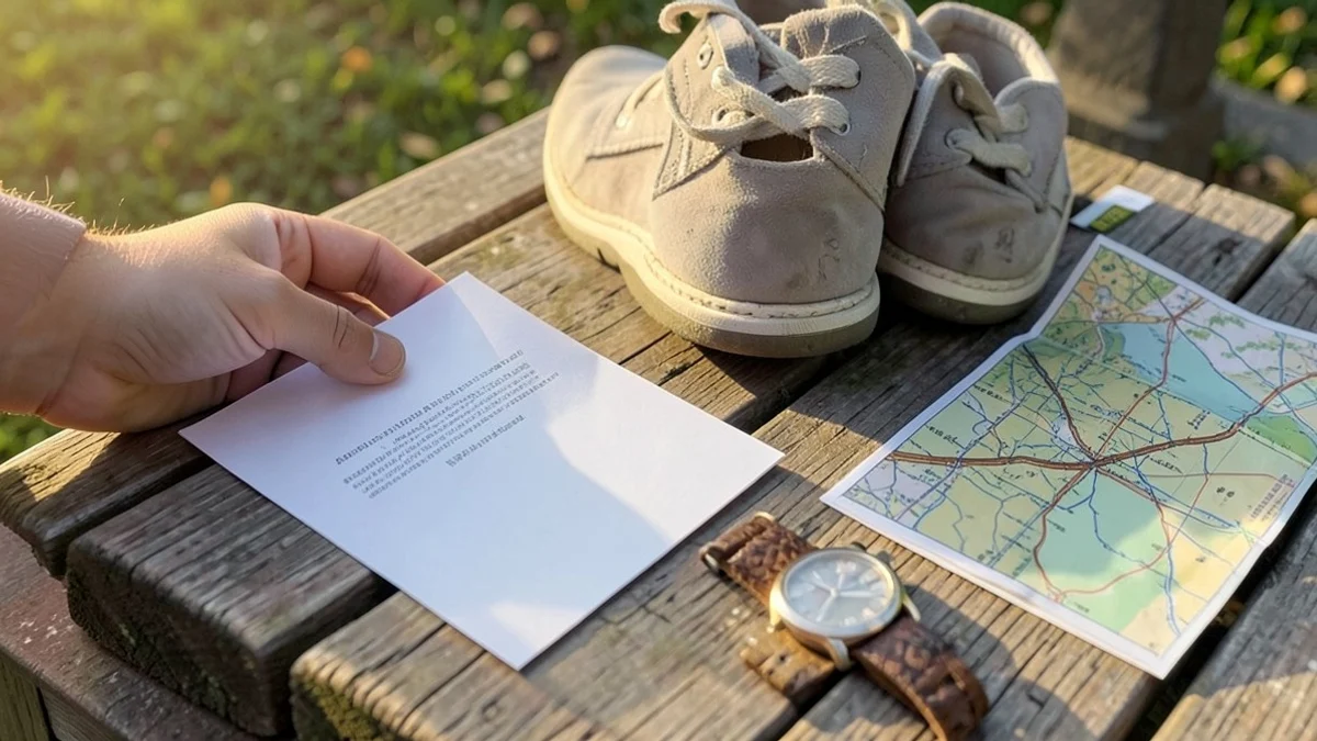 A hand arranges a blank invitation card, a wristwatch, walking shoes, and a folded park map on a wooden public-park planning table