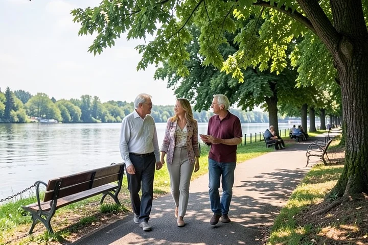Two adults in their 40s and 50s stroll beside a riverside park bench