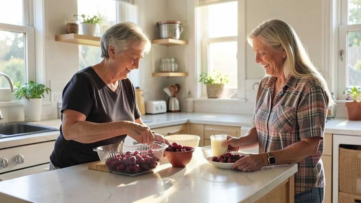 Two adults in their late 40s prepare a simple weekend breakfast together in a bright home kitchen