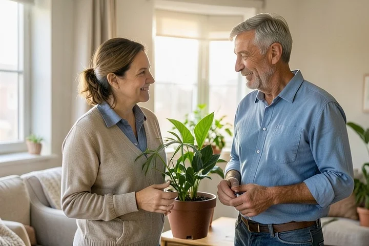 A woman and man in their 40s water houseplants together while chatting in a calm living room