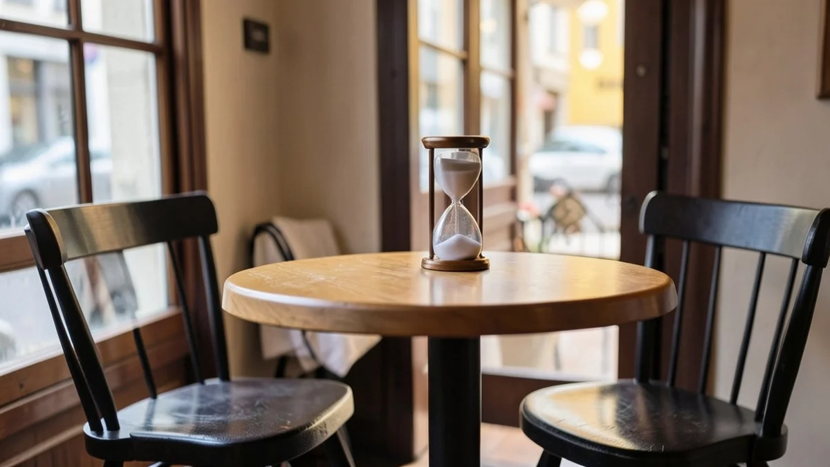 A one-hour hourglass stands between two unoccupied chairs on a small round table in a quiet neighborhood bistro