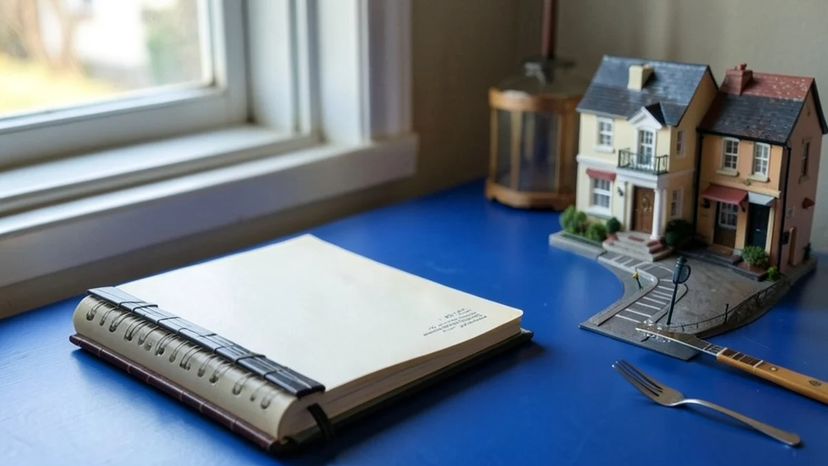 A closed notebook rests beside a painted miniature small-town street, a guitar pick, and a tiny restaurant fork on a blue writing desk
