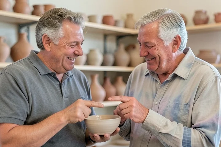 Two adults in their 40s compare a freshly made ceramic bowl at a neighborhood pottery studio
