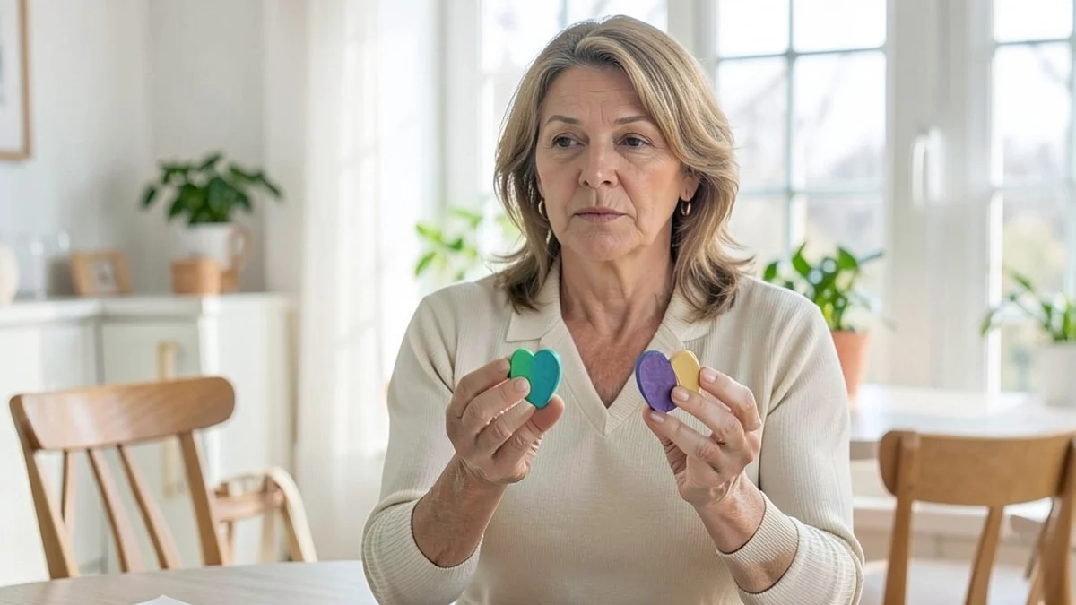A middle-aged woman weighs two unmarked colored tokens in her hands while considering two dating options, with no device visible