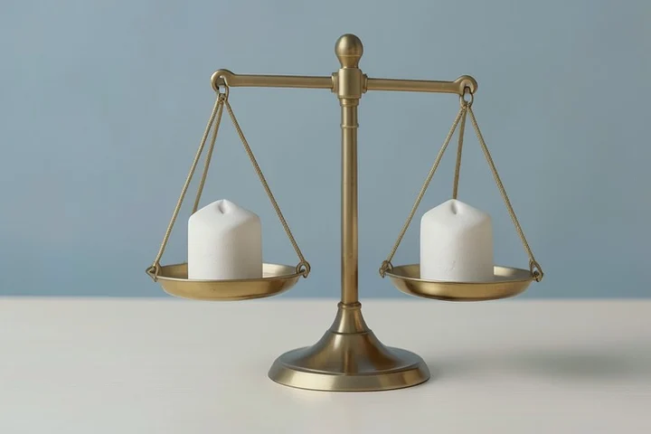 A brass balance scale holds two identical unmarked ceramic tokens at equal height, presenting a neutral comparison of service access and limits