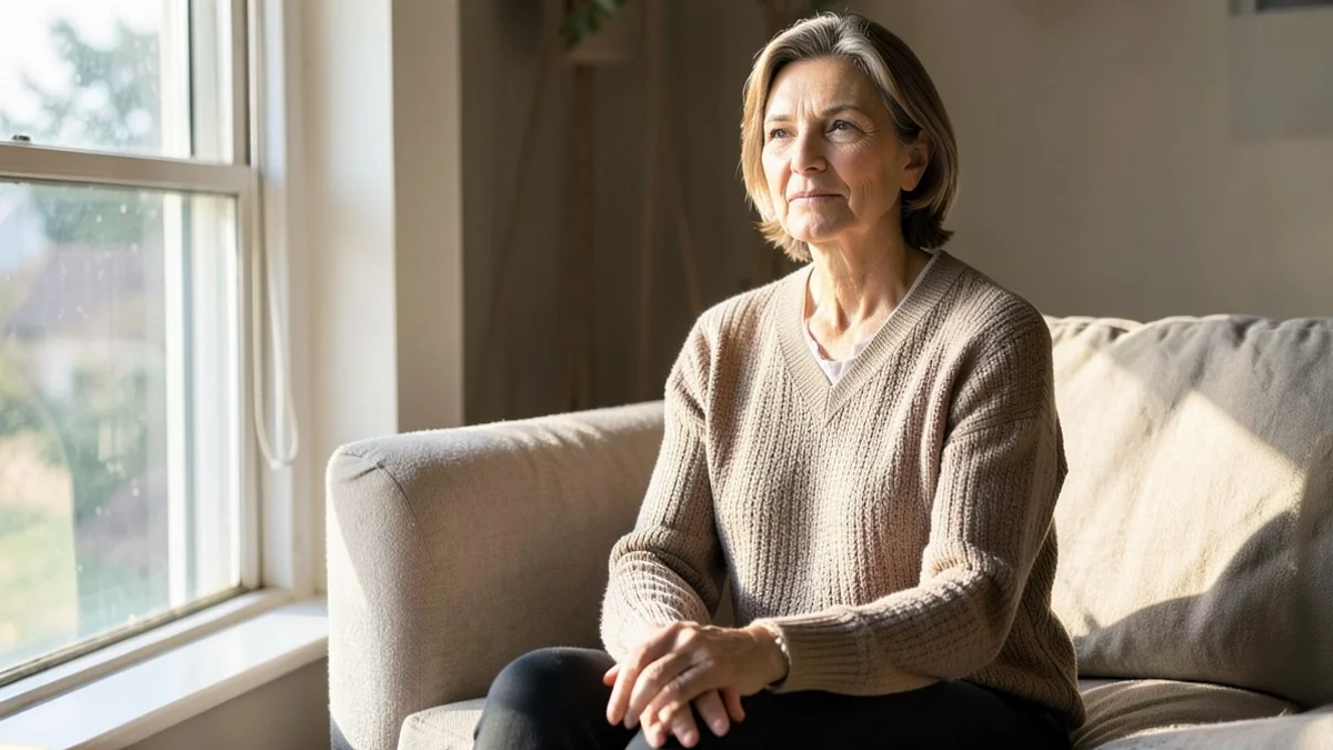 A thoughtful woman in her late 40s sits alone beside a sunlit living-room window, hands resting loosely in her lap after a quiet pause in dating