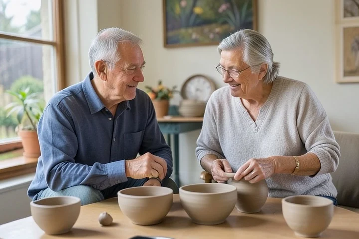 Two middle-aged friends pause during a neighborhood pottery gathering