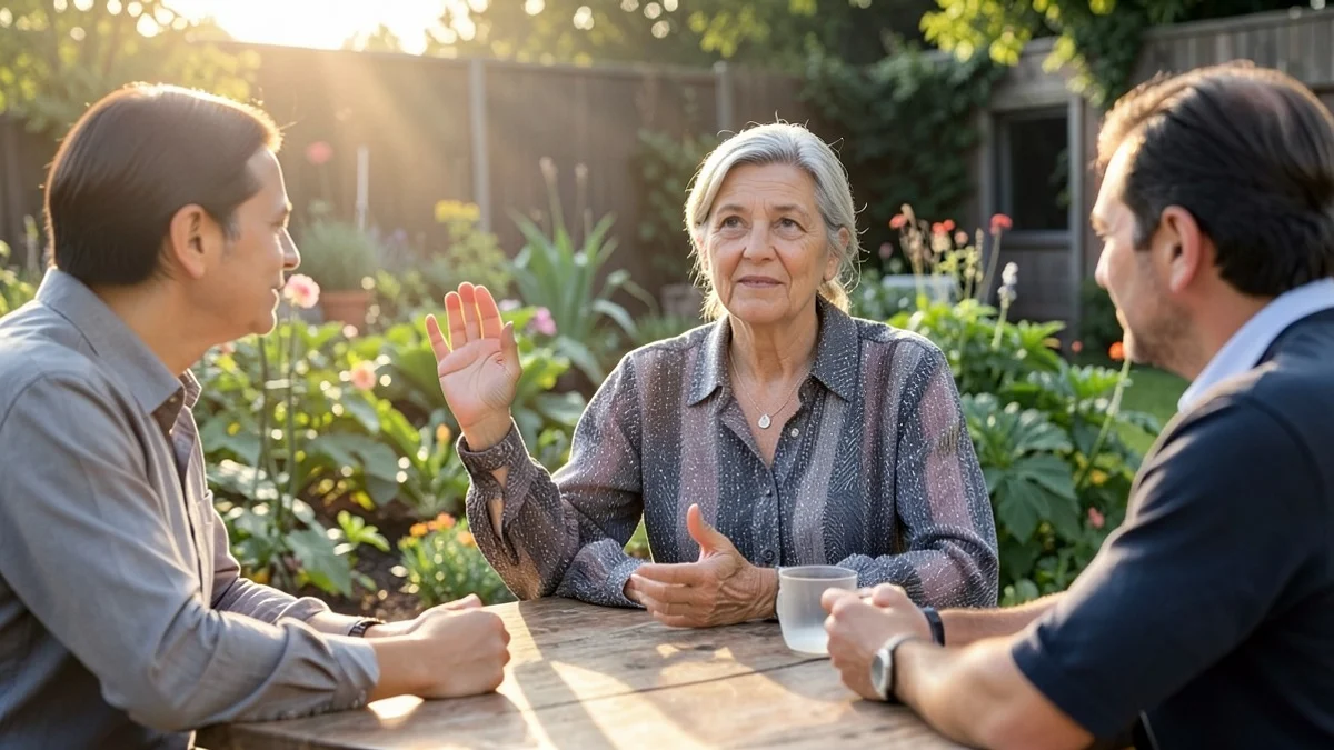A middle-aged woman calmly raises one open hand while two other adults listen around a community garden table