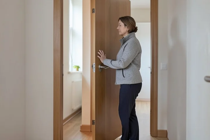 A middle-aged woman gently closes an interior door after stepping away from a tense threshold