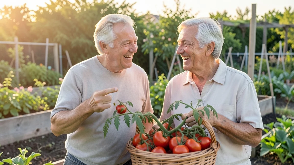 Two adults in their 40s share a laugh beside a basket of homegrown tomatoes in a sunny community garden